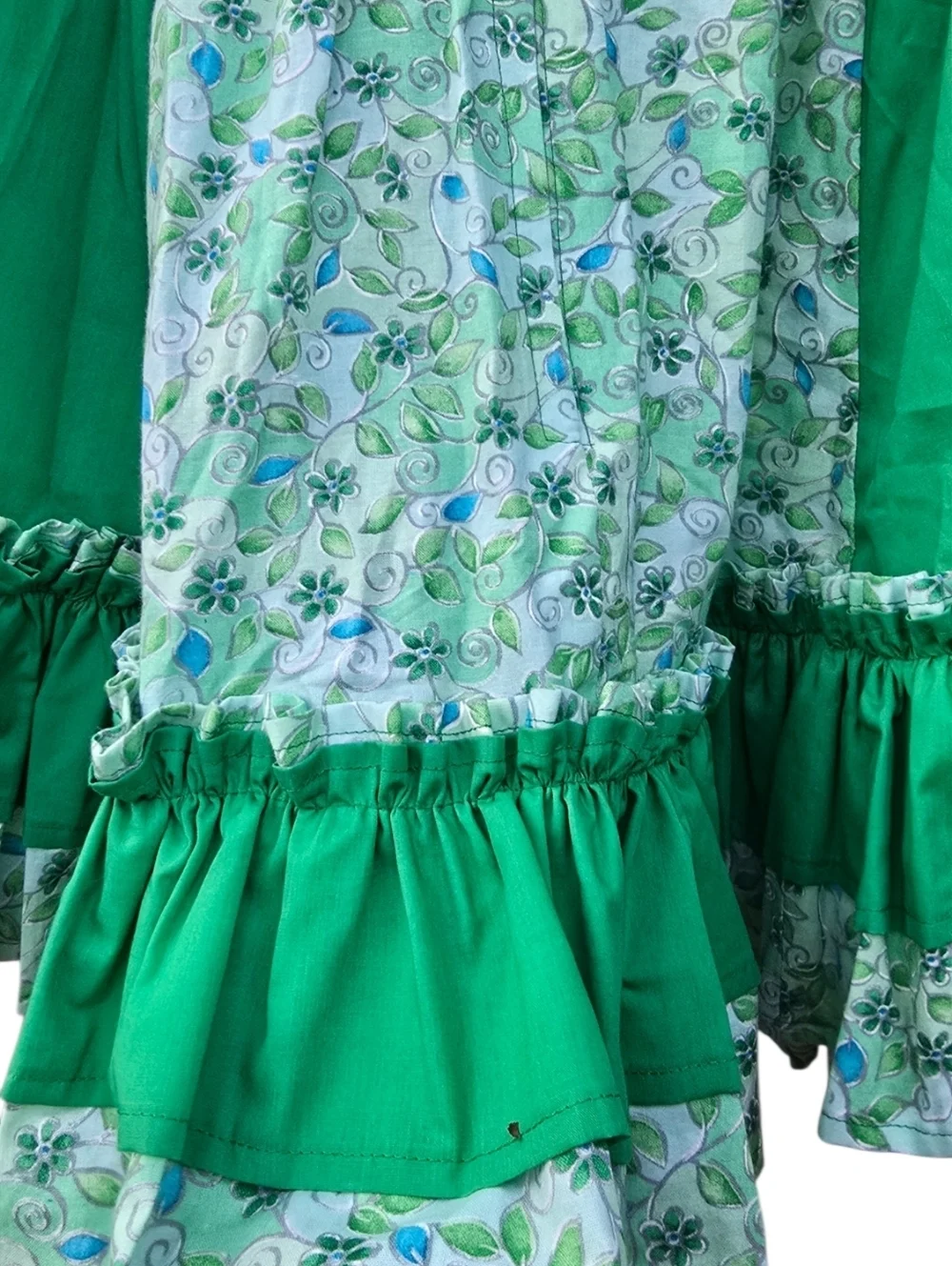 Vintage Green Floral Cotton Square Dance Skirt Cottagecore Prairie Ruffle